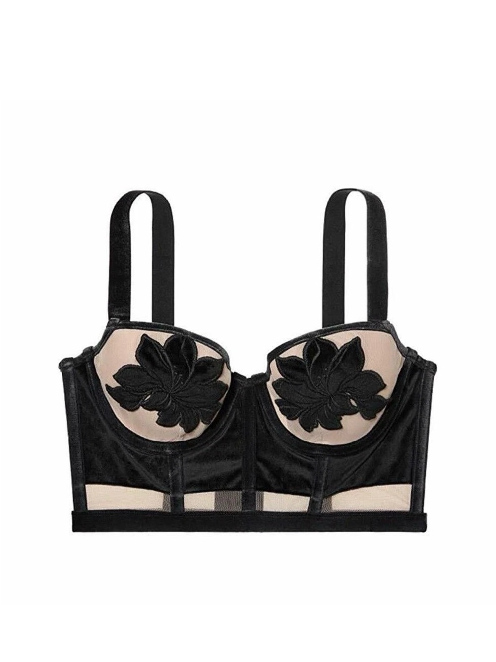 VICTORIA'S SECRET VS BLACK VELVET FLORAL APPLIQUE LONG LINE DEMI BRA sz 32C